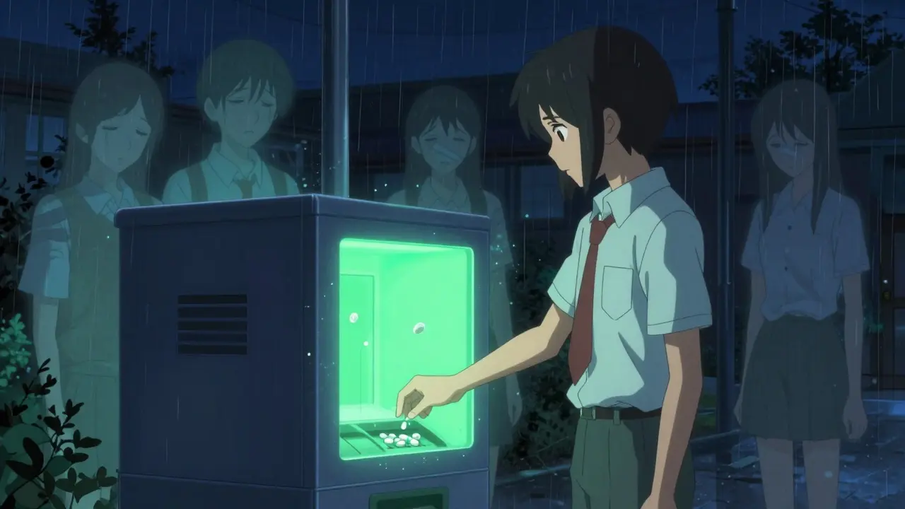 A student disposing of unused pills in a campus medication kiosk, ghostly figures fading behind them.