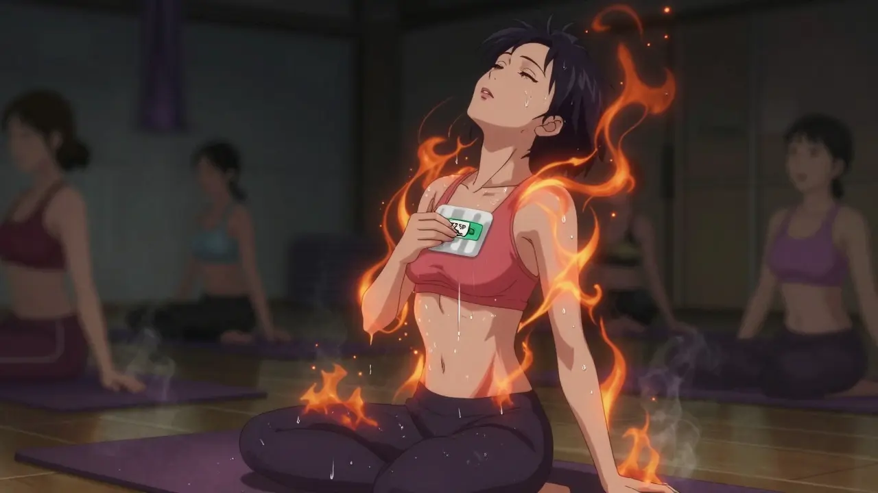 A woman in a hot yoga studio after removing her fentanyl patch, glowing particles rising from her skin as she collapses from overdose.