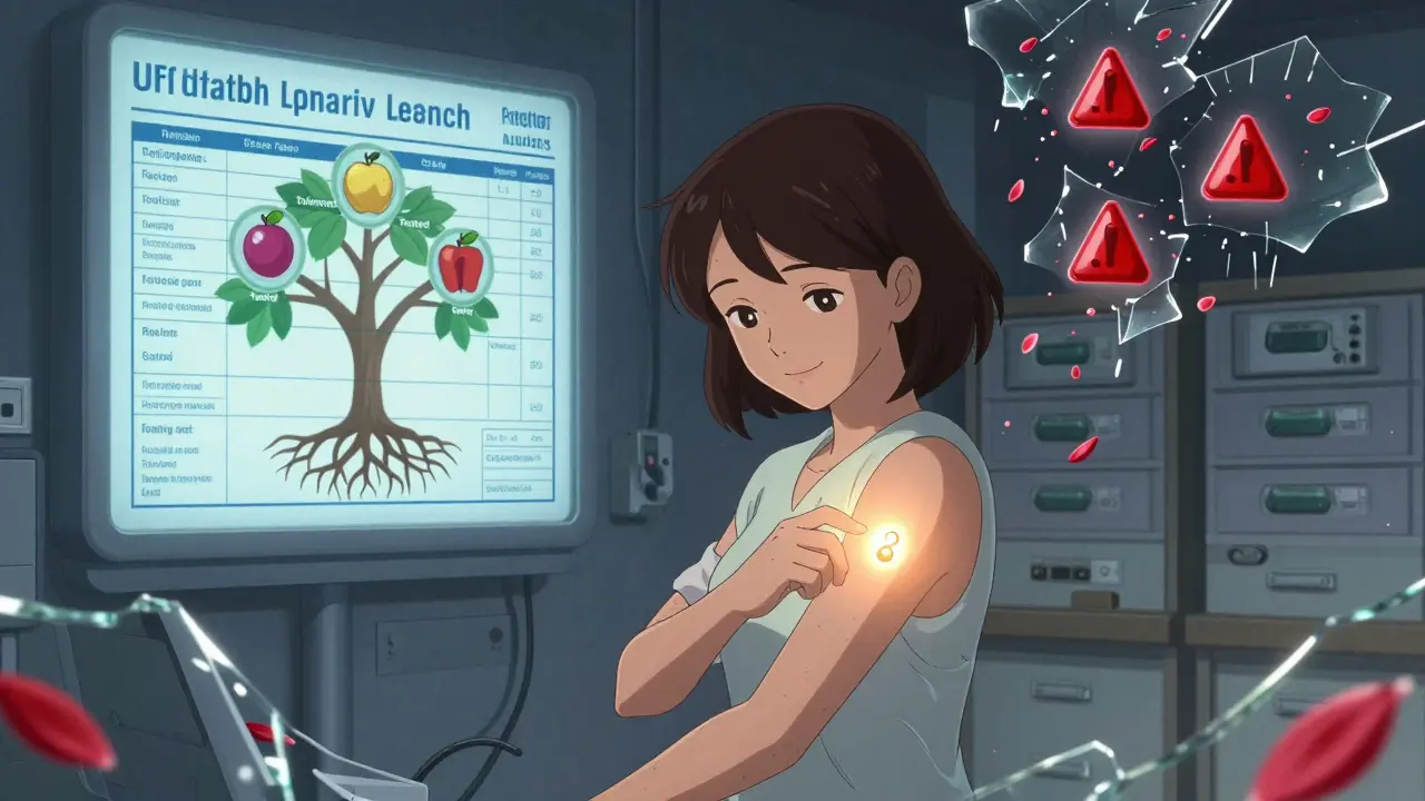 A woman undergoing an allergy test as red alerts dissolve into petals, symbolizing corrected medical records.