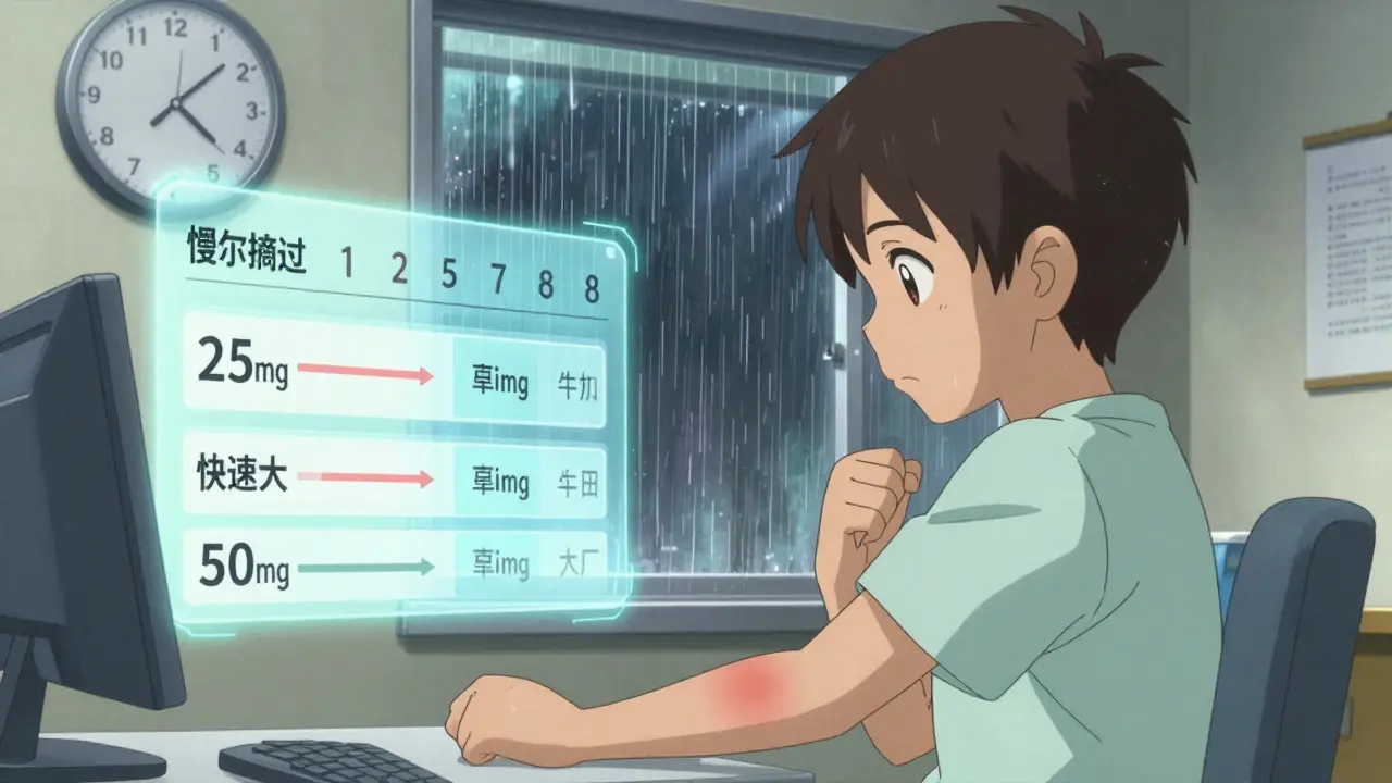 A young patient notices a faint rash on their arm while a clock counts down the high-risk weeks of medication start.