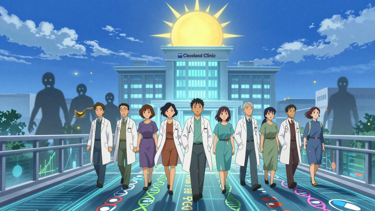 Diverse patients walk on data bridge toward heart health sun, leaving fear behind toward a glowing clinic.