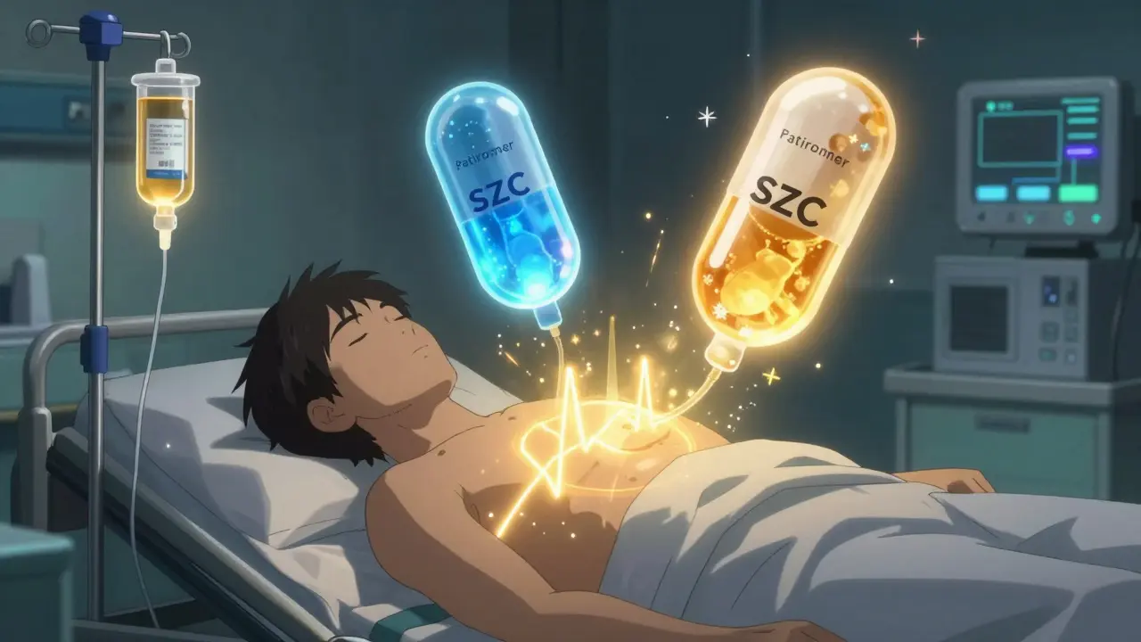 Emergency treatment scene with IV drips and floating potassium binders above patient on gurney.