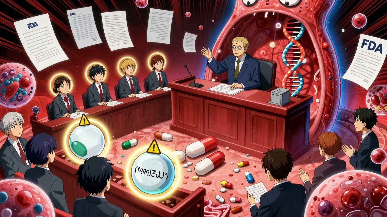 Generic and brand-name tablets on trial inside a human body, with excipients as glowing defendants.