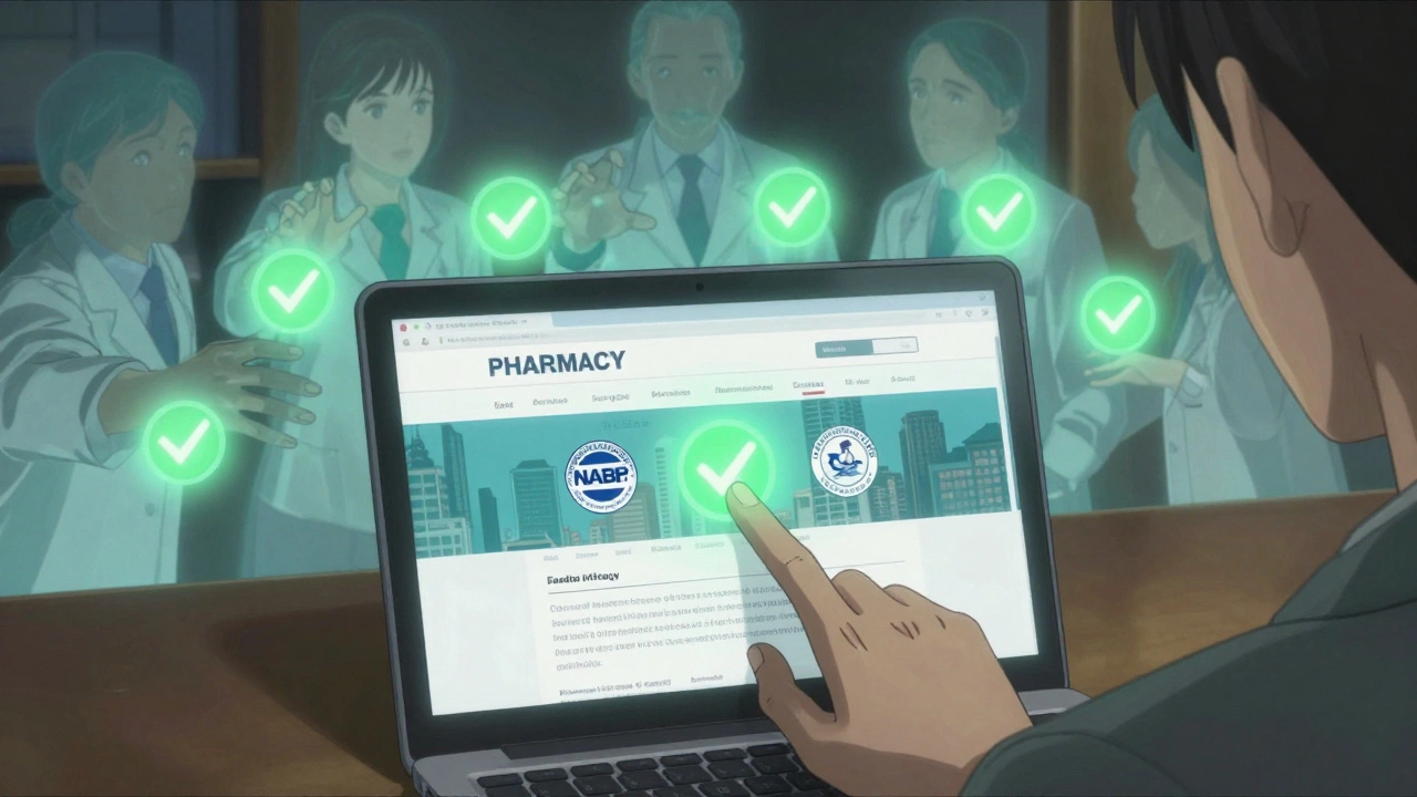 Hand hovering over laptop with fake pharmacy site, ghostly pharmacists reaching from digital portal.