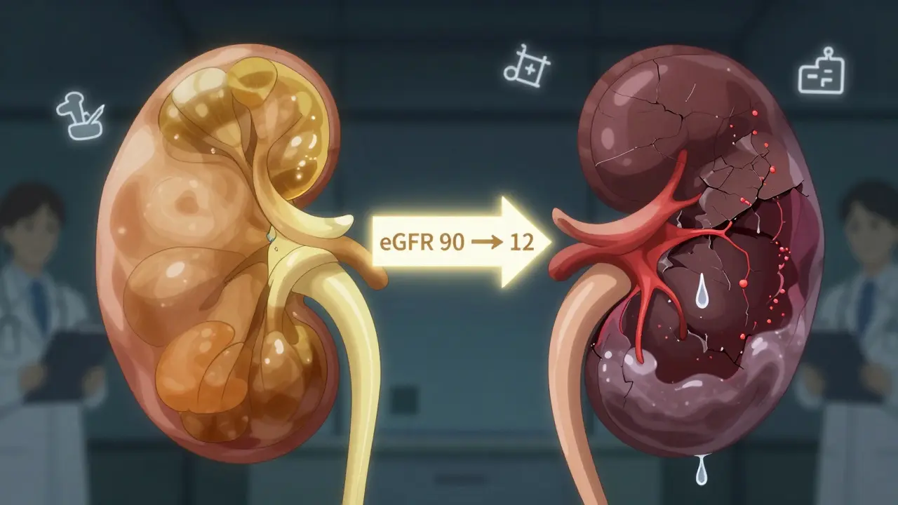 Healthy kidney vs damaged kidney side by side, connected by a falling eGFR number and leaking protein.