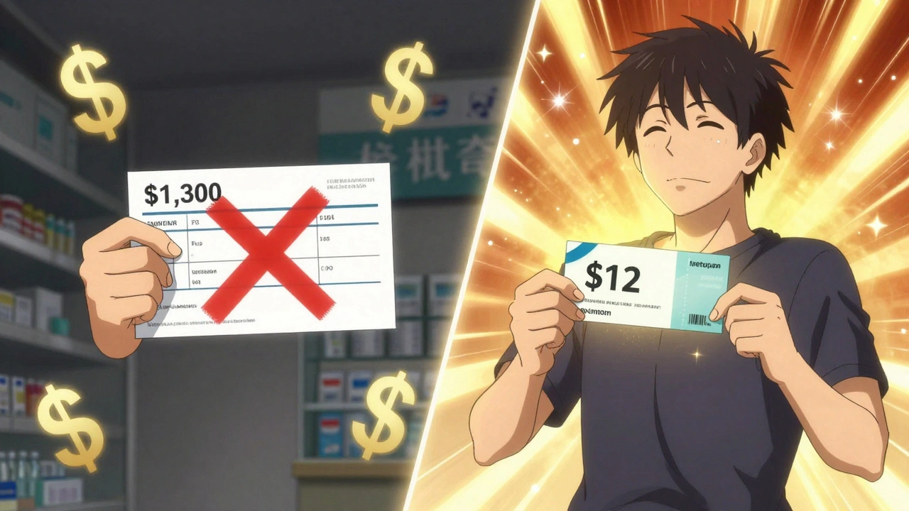 Man holding expensive prescription on one side, cheap generic coupon on the other