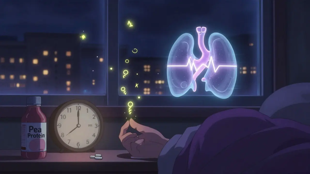 Nighttime thyroid medication dose with glowing hormones and pea protein shake beside a clock.