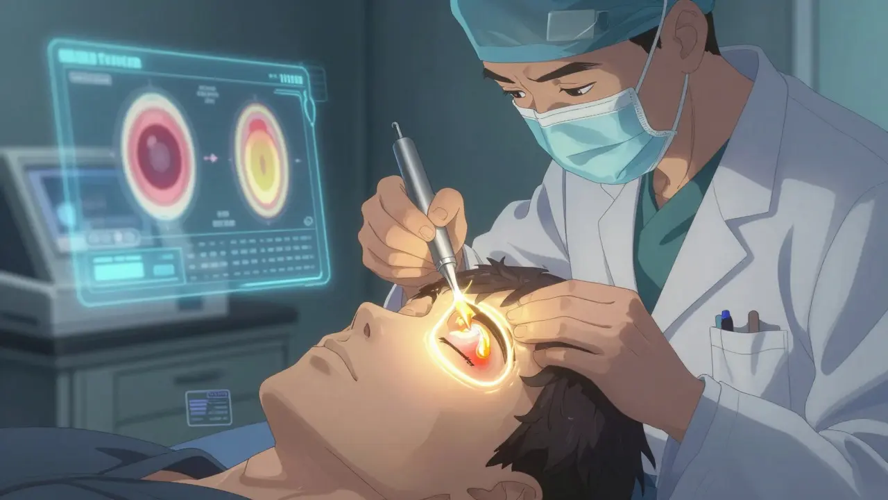 Ophthalmologist performing gland expression with glowing energy fields around the eyelid, detailed medical tools in a clinical setting.