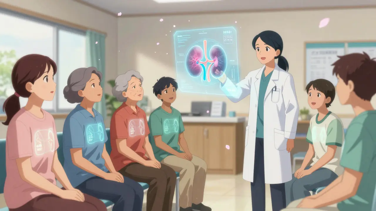 Patients with glowing kidney function data sit calmly as a doctor explains a holographic nephron diagram.