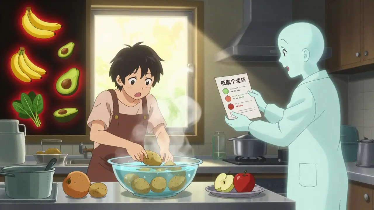 Person leaching potatoes in kitchen, with forbidden high-potassium foods glowing in shadowy corner.
