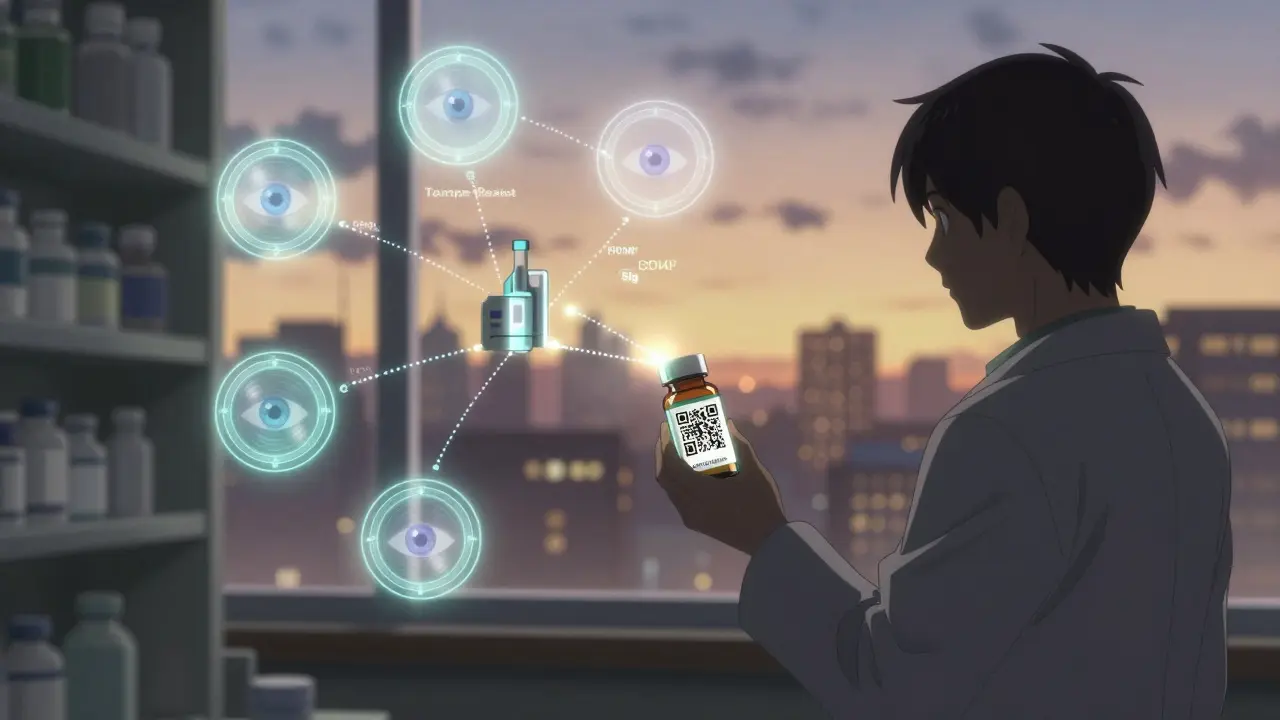 Pharmacist holding a medication bottle with a glowing QR code projecting a digital trail of pill origins.