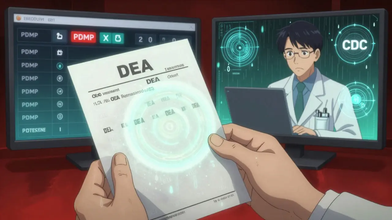 Pharmacist holding a tamper-resistant prescription with holographic opioid conversion factors and PDMP data screens.