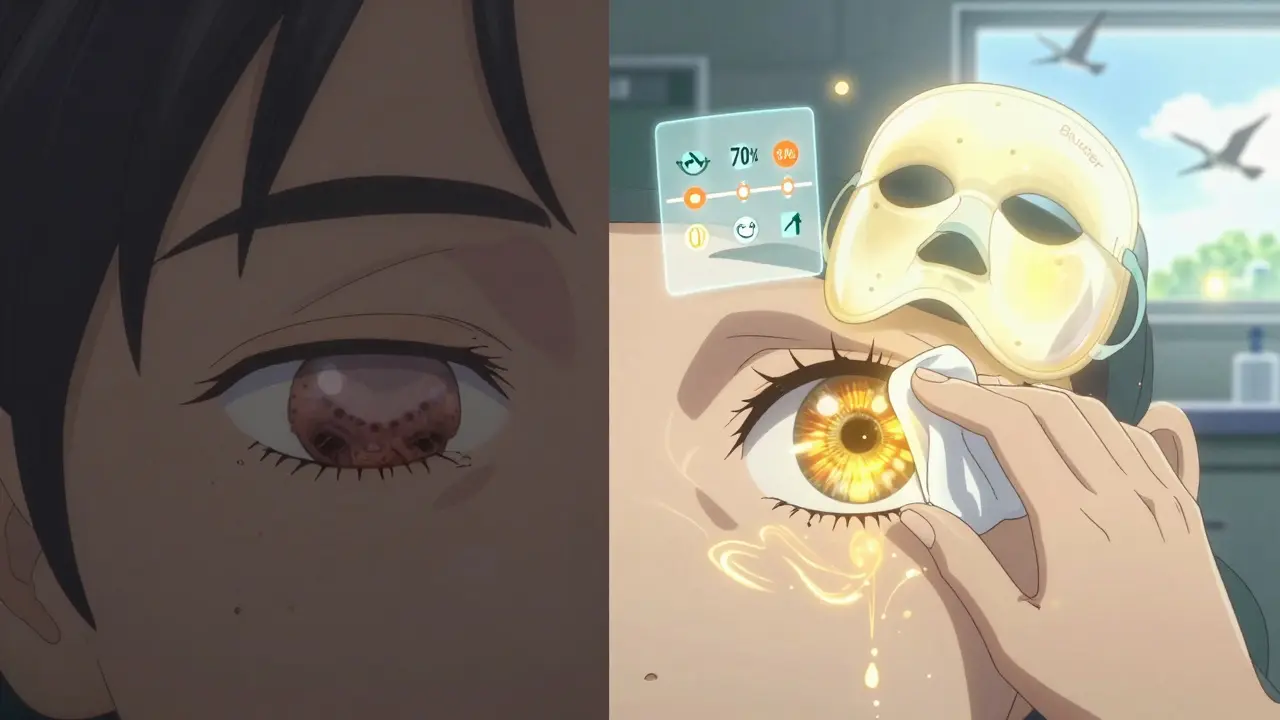 Split image showing damaged vs. healed meibomian glands, with warm compress and cleaning wipe symbolizing daily care for dry eye.