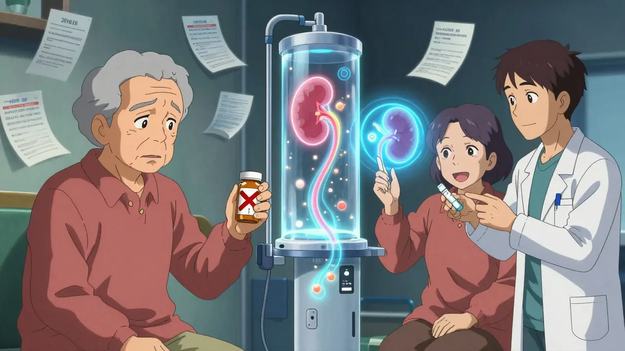 Split scene: a patient hesitating with metformin vs. confidently taking it, with a kidney diagram and dialysis machine glowing between them.