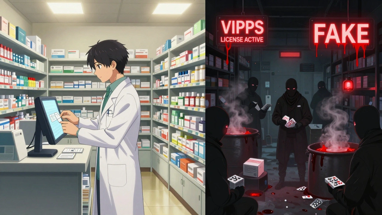 Split scene: clean pharmacy vs. dark counterfeit warehouse with contrasting lighting and seals.