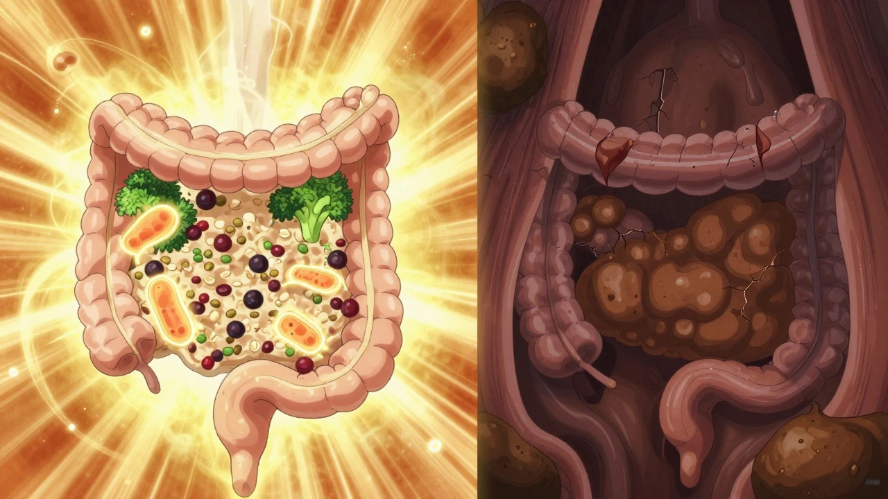 Split scene: healthy high-fiber meal with glowing gut bacteria vs. dark, strained colon with bulging diverticula.