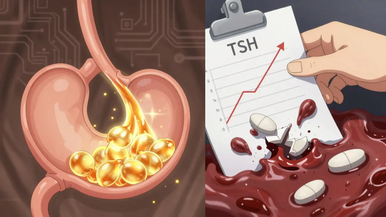 Split scene: liquid thyroid medication flowing freely versus a tablet failing in acid, with a lab report showing rising TSH.
