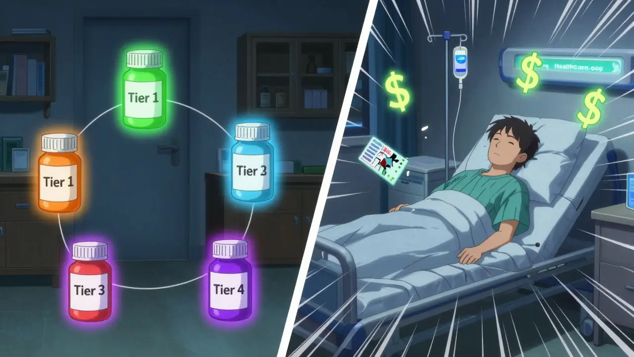 Split scene showing drug tiers at home versus hospital consequences due to unaffordable meds.