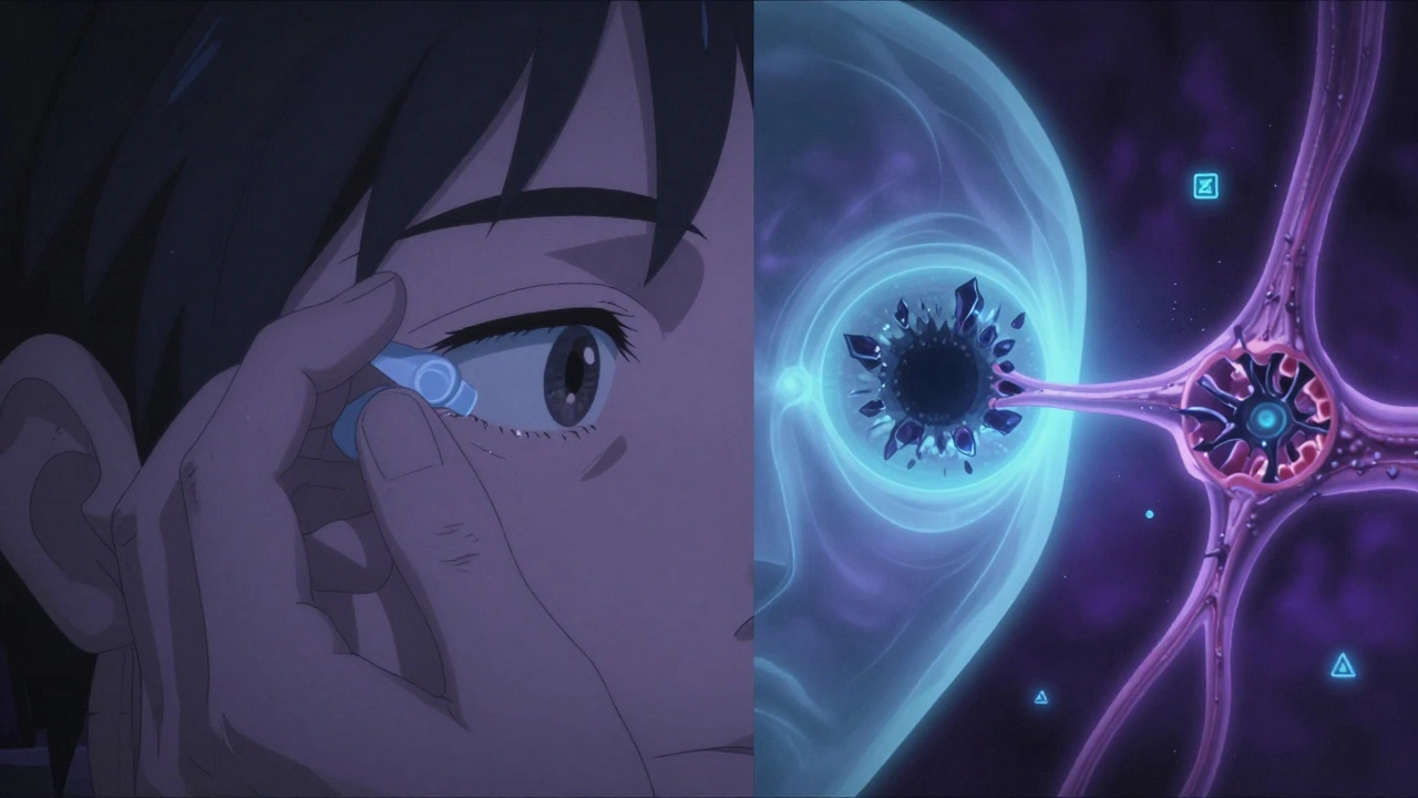 Split scene showing eye drop application beside a ghostly cataract and pressure wave damaging the optic nerve.