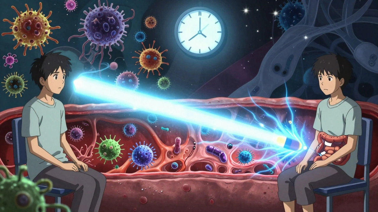 Split-screen: resistant bacteria growing vs. antibiotic successfully entering bloodstream.