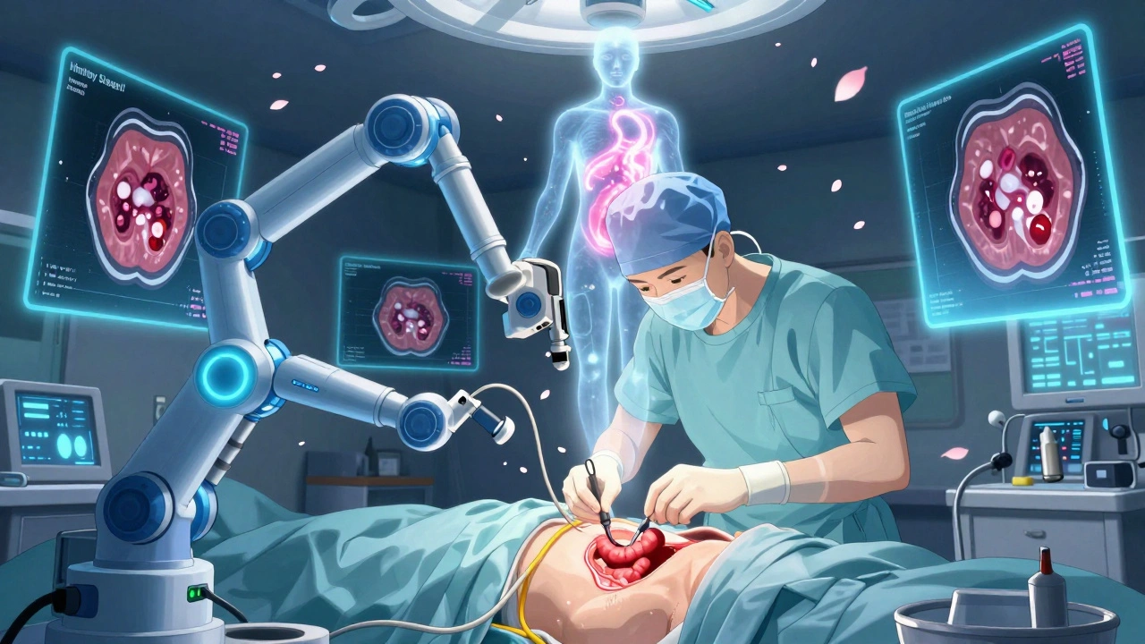 Surgeon performing laparoscopic surgery with holographic CT scans and healing energy surrounding the patient.