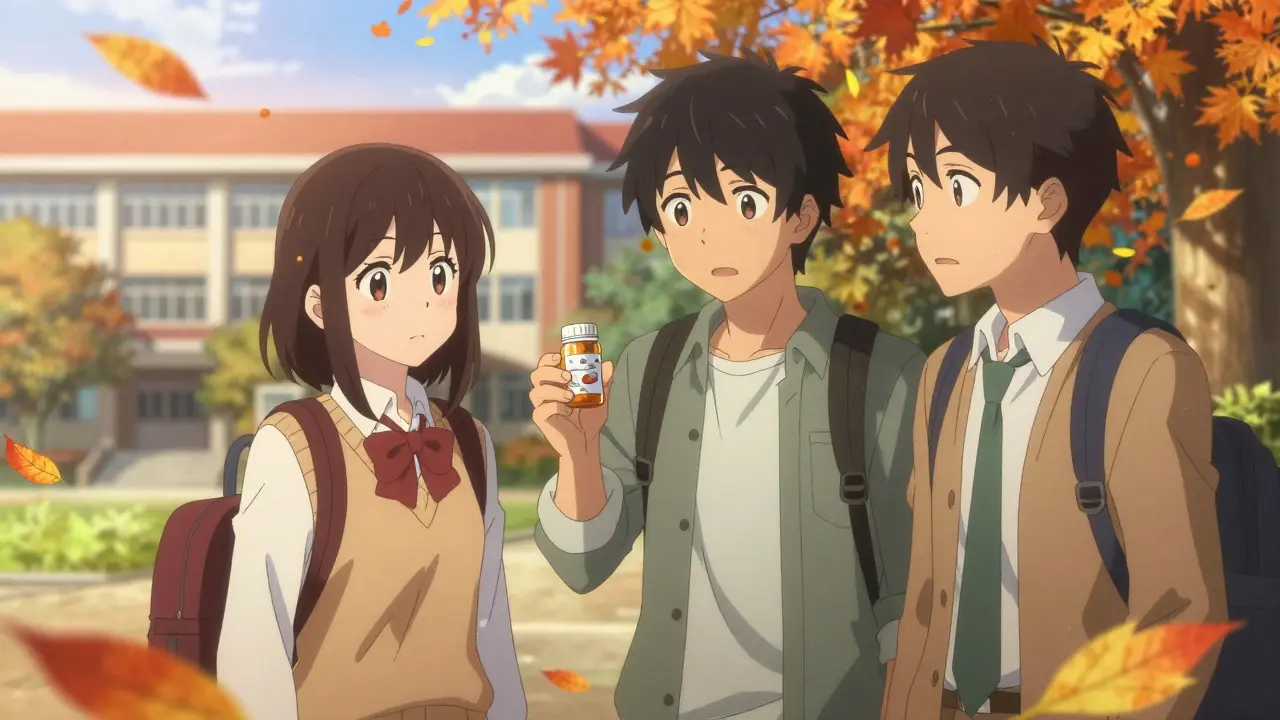 Three college students in a courtyard—one offering a pill bottle, another watching with concern.