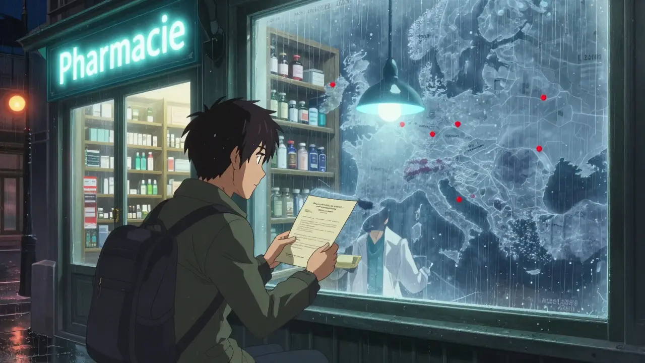 Traveler in Paris pharmacy presenting doctor’s letter under soft lamplight at night.