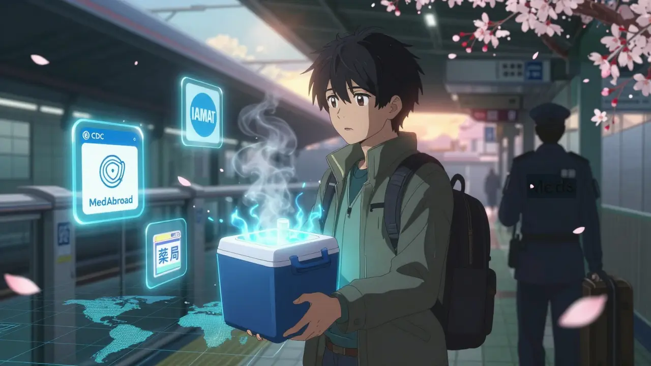 Traveler in Tokyo subway clutching insulin cooler with glowing digital health icons around them.