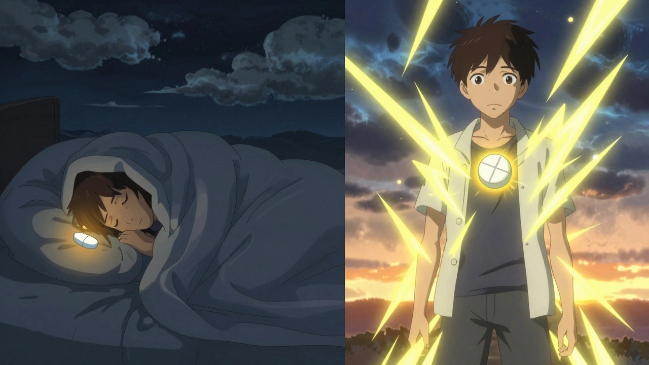 Two contrasting scenes: one showing someone exhausted under blankets, the other energized under sunlight.