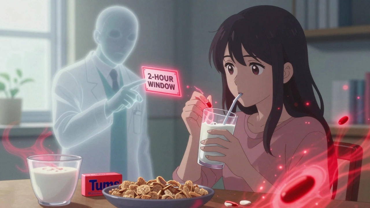 Woman taking doxycycline with fortified almond milk, ghostly pharmacist warning her.