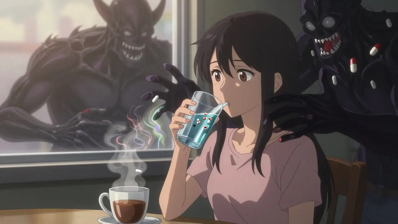 Woman taking thyroid medication at dawn as shadowy mineral pills loom nearby.