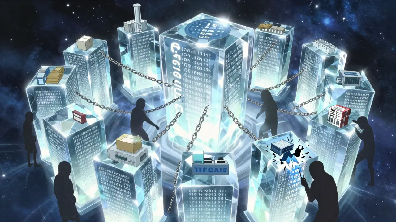 A crystalline blockchain ledger displaying medicine serial codes, with counterfeiters failing to forge them.