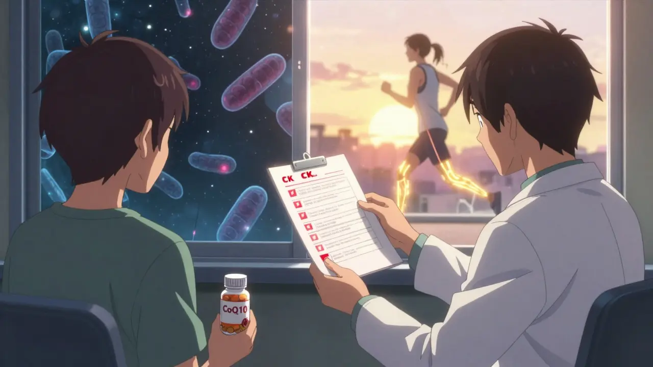 A doctor and patient discuss blood test results with CoQ10 bottle nearby, energy pathways glowing behind them.