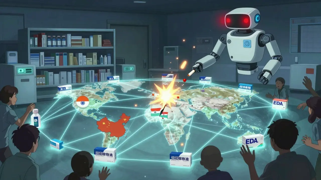 A fragile global drug supply chain snapping mid-air, causing blackouts in hospital shelves.