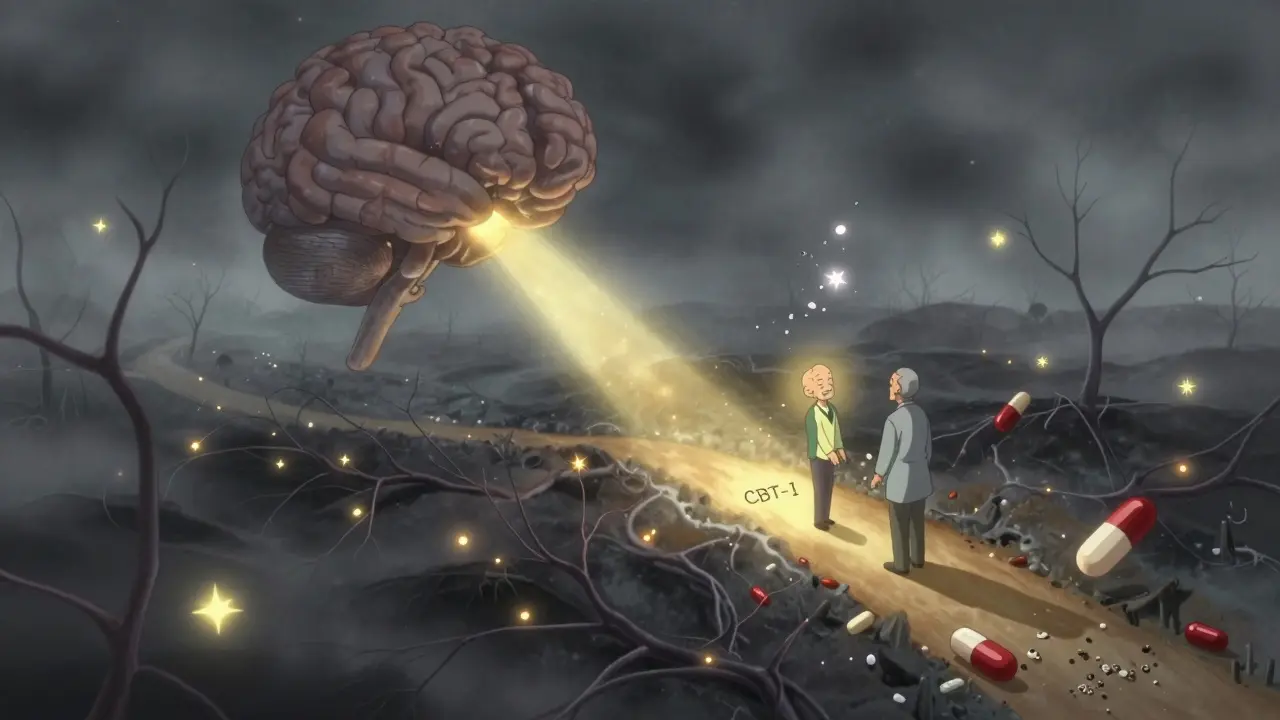 A glowing neural pathway in a human brain, with crumbling pills and a therapist guiding a soul toward clarity.