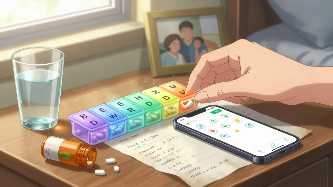 A hand organizing pills in a weekly dispenser with a phone showing a reminder app.