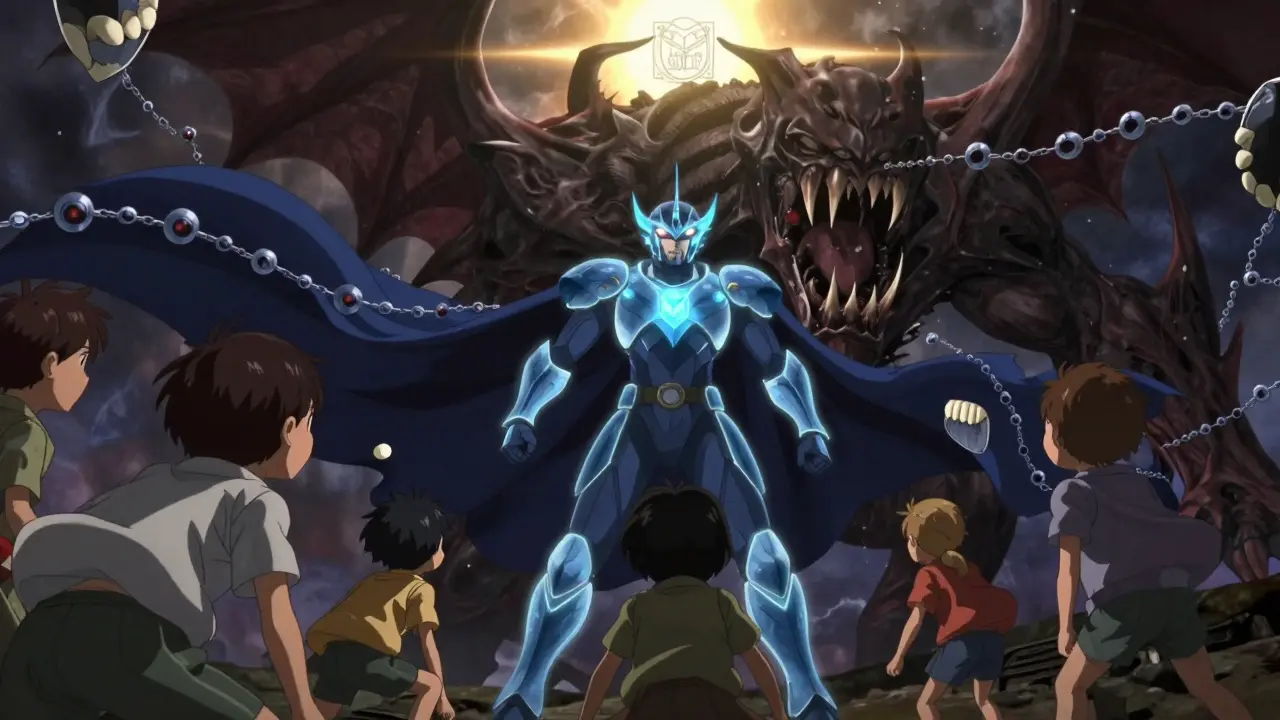 A heroic doxycycline warrior fights a dark tetracycline monster to protect children, with glowing molecular armor and shining emblems in the background.