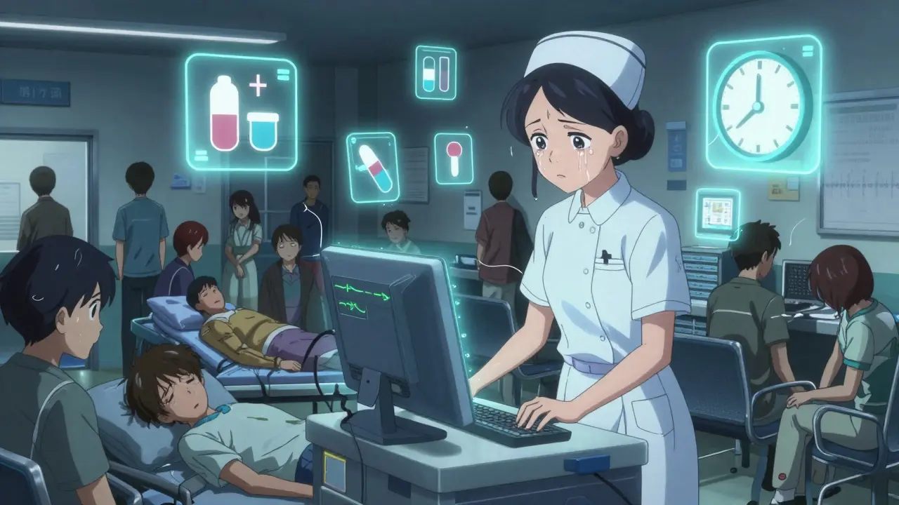 A lone nurse overwhelmed in a crowded ER, surrounded by floating warnings of missed care and ticking time.