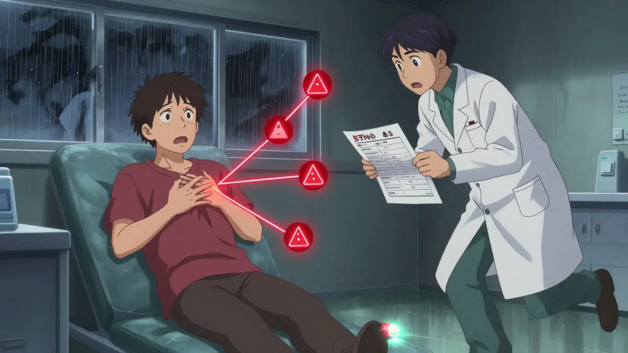 A medical emergency triggered by a medication error, with glowing warning symbols.