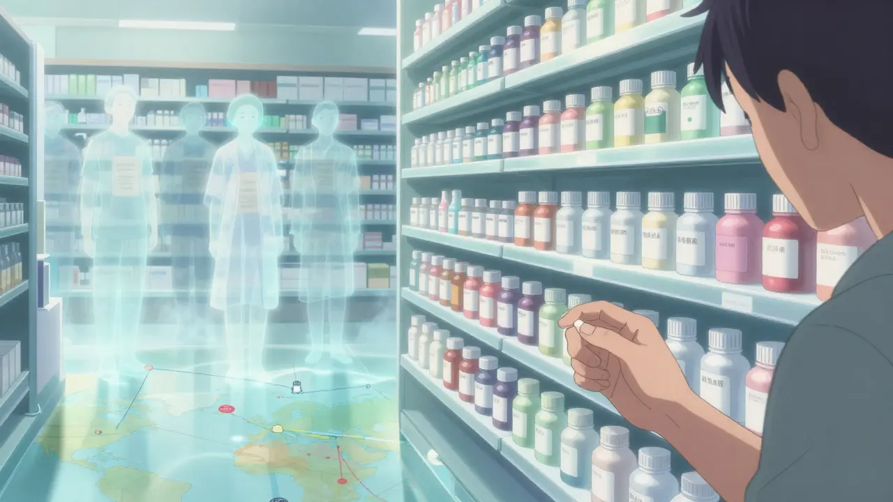 A modern pharmacy shelf with ghostly figures of drug reform pioneers watching over generic medications.