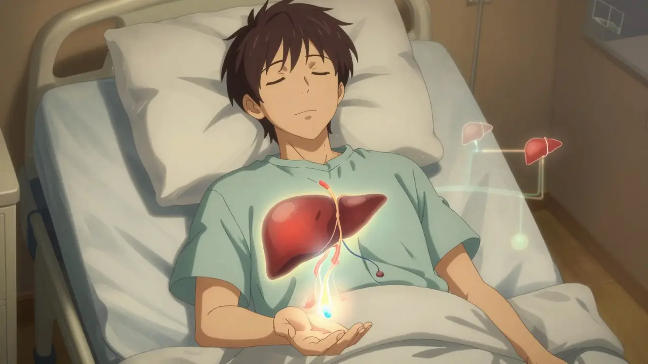 A patient with a hovering statin tablet releasing nitric oxide that improves liver blood flow, warm ambient lighting.