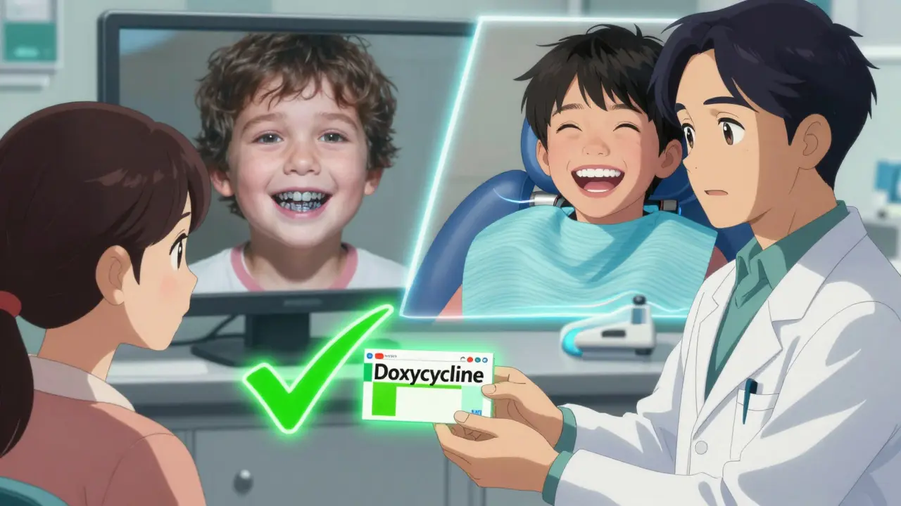 A pediatrician gives a prescription to a parent, with a safe doxycycline symbol glowing beside a split timeline of tooth staining vs. healthy teeth.