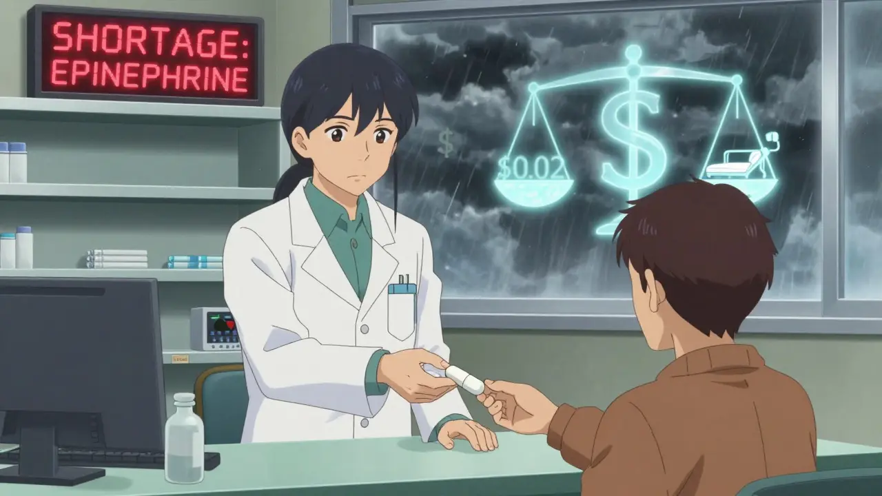 A pharmacist handing a single pill to a patient amid empty shelves and a shortage alert for epinephrine.