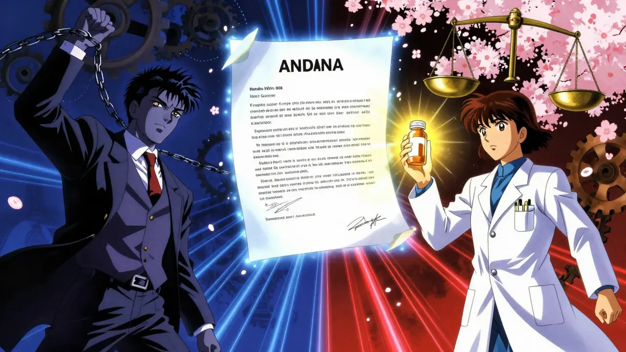 A symbolic battle between pharmaceutical patents and generic medicine, illuminated by golden and crimson light.