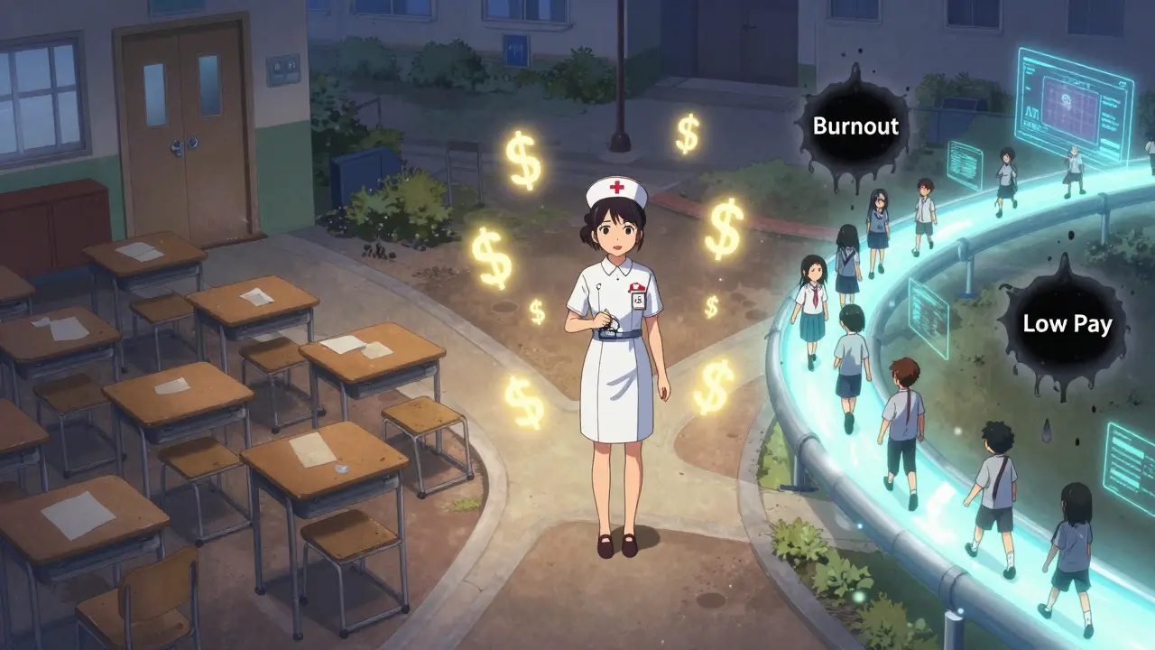 A symbolic crossroads showing empty nursing schools and drained healthcare workers under fading AI and dollar signs.