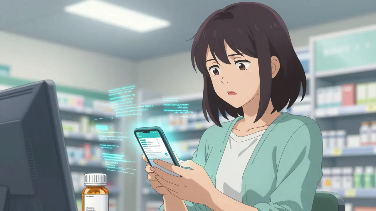 A woman at a pharmacy checks generic drug data on her phone, surrounded by glowing digital reviews and FDA information.