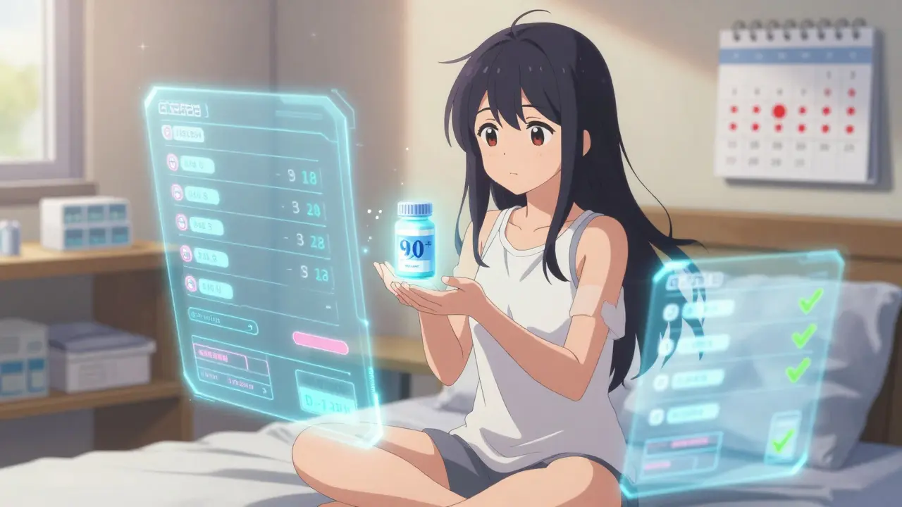 A woman surrounded by floating digital medication trackers, a glowing 90-day pill bottle above her hand.