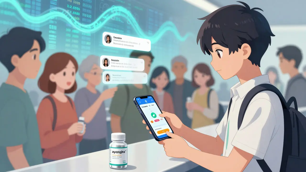 A young person orders generic medication via app, with floating testimonials and price savings displayed in augmented reality.