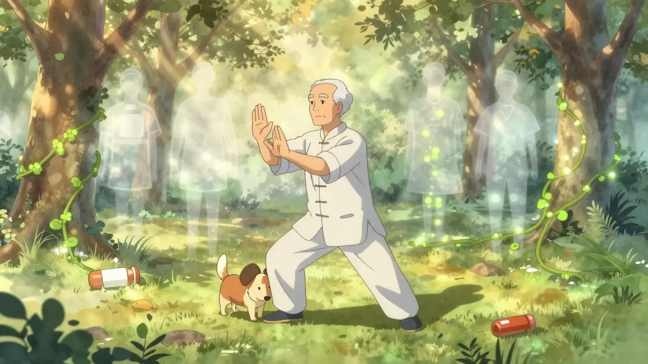 An elderly man practicing tai chi at dawn, with fading opioid symbols dissolving into mist as green vines of healing surround him.