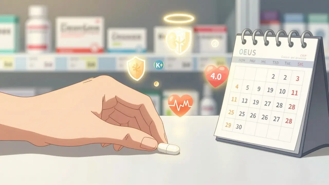 Close-up of digoxin pill beside calendar with glowing symbols of healthy kidney, potassium, and steady heartbeat.